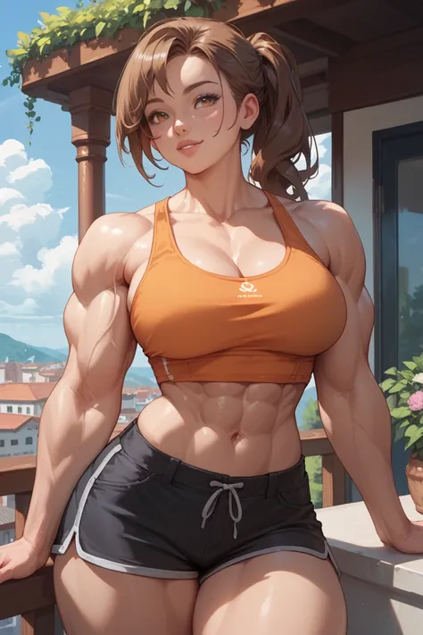 Anime girls with very big muscles, big bust and big hips with brown hair in a black and orange tank top and black shorts on the uncensored balcony