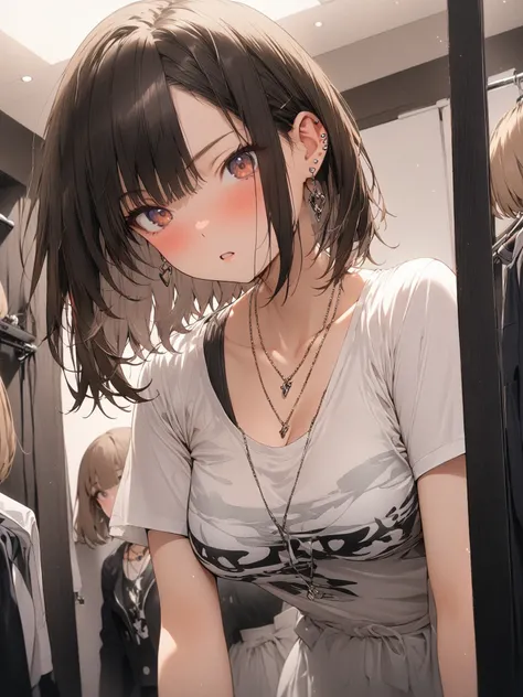 (masterpiece, detailed:1.2), One Girl, (18-years old), brown long Bob Cut, Medium Breasts, surprise:1.3, BREAK, earring, simple necklace, in fitting room, BREAK, Highest quality, BREAK, from below,