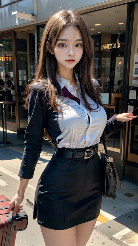 A beautiful, 24-year-old Japanese woman with perfect anatomy, healthy thighs, beautiful legs, beautiful skin, random hair color and style, large breasts, (wearing a flight attendant uniform with a mini-skirt:1.3), (she is standing:1.2), full body shot, pum...