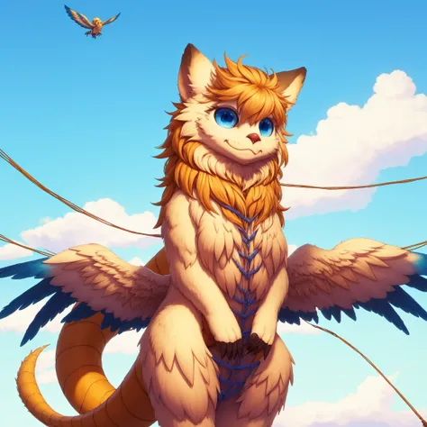 One animal, Alone, Fulham _where, Wings,  blue eyes,   blonde hair, tooth,  sky background , Tail, fur,  viewers bind each other with strings,  face,  close 