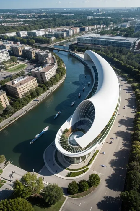 Future Architecture ， Aerial view ， with organic shapes and natural inspiration at its core ，Honeycomb Appearance，Mimic the shape of a ripple 、Formations of the bones， creates a fluid and elegant structure ，Like a big boat floating on the sea， showcases Sa...