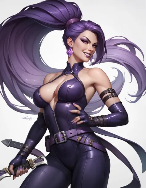 female dark purple sleveless latex bodysuit with belt, purple belt, racerback, bare shoulders, long gloves, toned arms, beautiful faces, dark purple ponytail with showing forehead, long ponytail, earrings, soft smooth skin, pale skin, white background, lav...