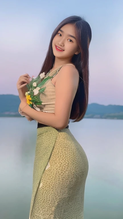 Burmese girl with attractive curvy full body.  Friends full-length bikini, (black 🖤 dress)Smiling gratefully to the photographer reflective long dress painted with flower patterns, only dress.  hi gh hips  High resolution  High resolution  natural backgrou...