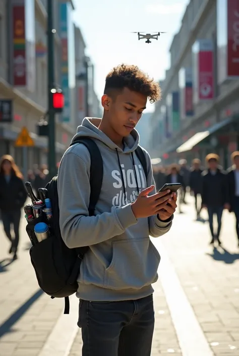 Un jeune informaticien se tient debout dans une rue animée, entouré d'un environnement urbain moderne. Il porte des vêtements décontractés mais stylés, avec une touche geek : un hoodie gris avec le texte "Sidi le geek" écrit en lettres blanches et modernes...