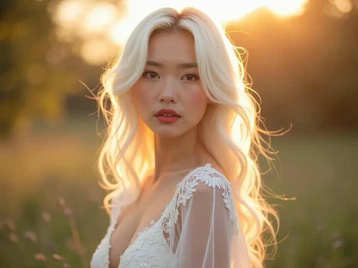 32k, Masterpiece, Top Quality, ethereal portrait, platinum blonde wave hair, delicate Asian features, glowing skin, soft natural makeup, red lips, white lace dress, shea sleeve, dreamy backlighting, bokeh background, romantic outdoor environment, high reso...