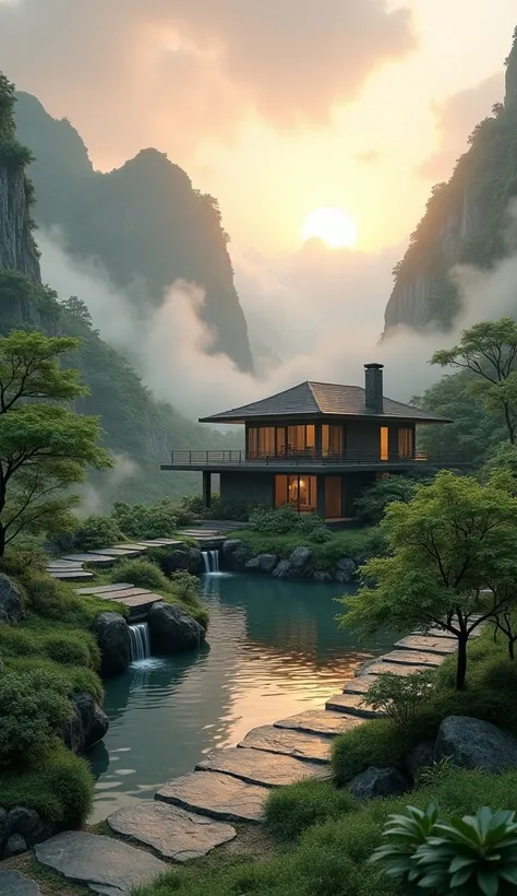 raining, the scenery, a simple Luxury house on a plateau complete with chimney, blending in with the surrounding nature, shrouded in thick clouds, beautiful sunrise, stone paths, steep ravines on either side, clear water ponds made from falling water, mini...