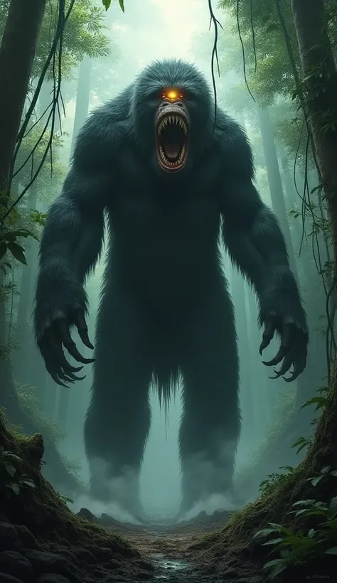 "A terrifying Mapinguari, a giant beast covered in dark fur, standing menacingly in the jungle. It has a massive, vertical mouth on its stomach and a single glowing eye on its forehead."