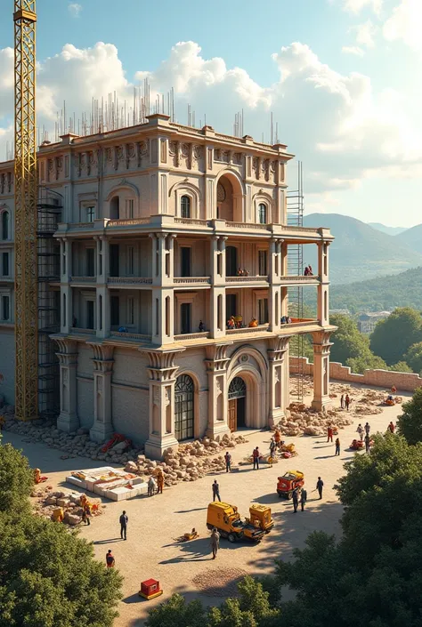 A group of people working together to build a mansion