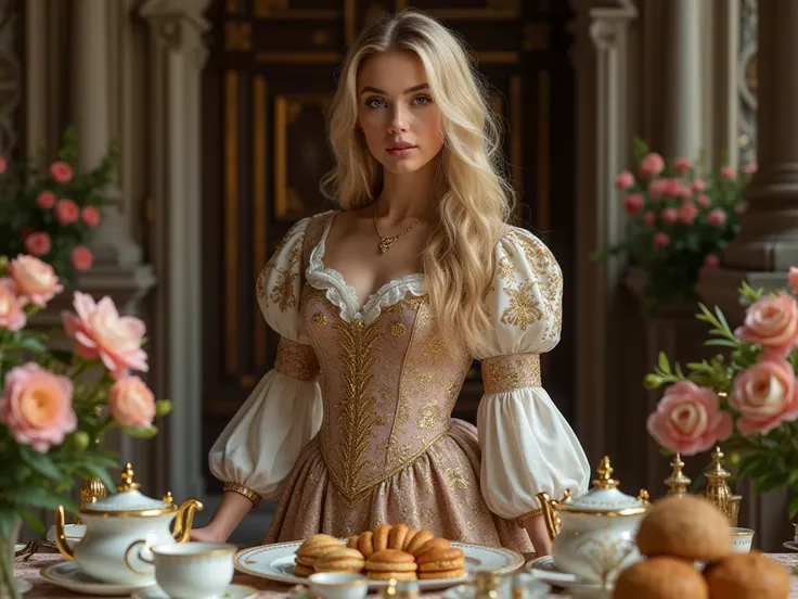 Draw a woman with model Victoria Turner’s face and she is wearing a 13th century england royal family style clothes and she is standing in the Palace of the Kingdom of England, she has blonde hair, she is having a tea party