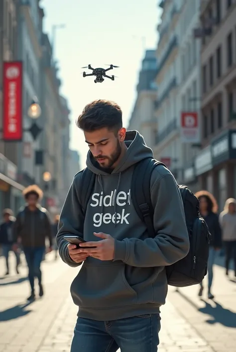 Un jeune informaticien se tient debout dans une rue animée, entouré d'un environnement urbain moderne. Il porte des vêtements décontractés mais stylés, avec une touche geek : un hoodie gris avec le texte "Sidi le geek" écrit en lettres blanches et modernes...