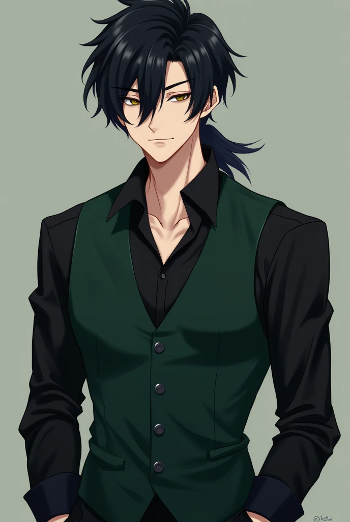  male，Idol，Dark Green Slimming Vest， black shirt ，The clasp is fully fastened to the neck，Hairstyle Black Medium Wolf Tail Gradient，Hair grows a little to the neck，No animal features，Handsome， two-dimensional