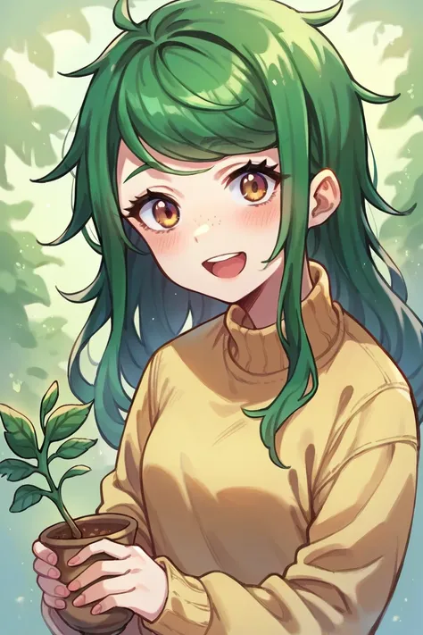 1 girl, solo, Wallflower Blush, smile, forest background, looking aT viewer, green hair, long sleeves, open mouth, holding bonsai flowerpot