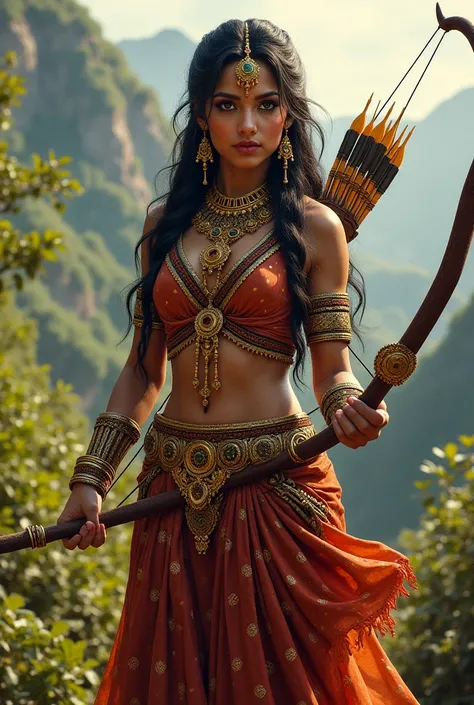 An indian warrior princess with bow and arrows gold ornaments and braided hair