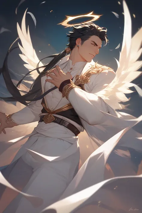 Middle-aged man with angel wings, in a majestic pose that indicates his status. It's above everyone,  and only he can communicate with God,  and the other angels must obey him without question, but it is the true form of evil actually,  White clothes , lon...