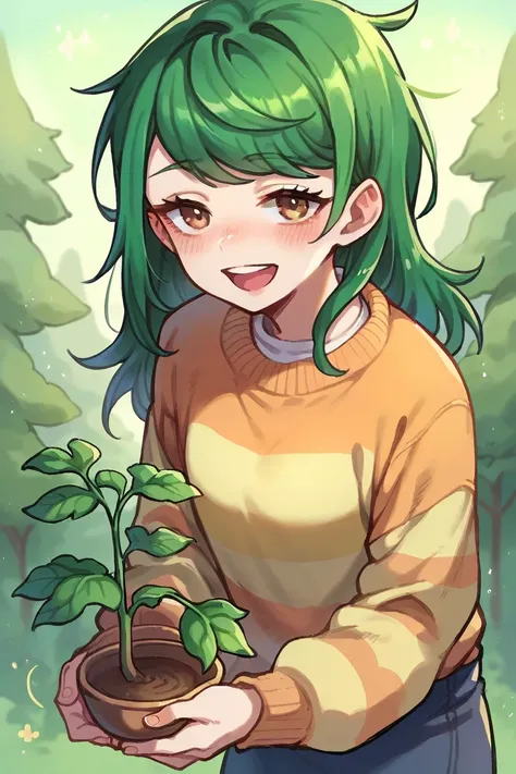 1 girl, solo, Wallflower Blush, smile, forest background, looking aT viewer, green hair, strip sweater, long sleeves, open mouth, holding bonsai flowerpot, half closed eyes