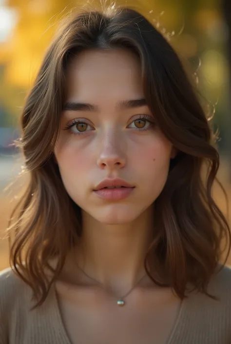 A highly detailed cinematic headshot of a young woman in her late teens with delicate, expressive features. She has soft, wavy light brown hair that falls just past her shoulders, slightly tousled. Her eyes are a deep, thoughtful hazel, framed by naturally...