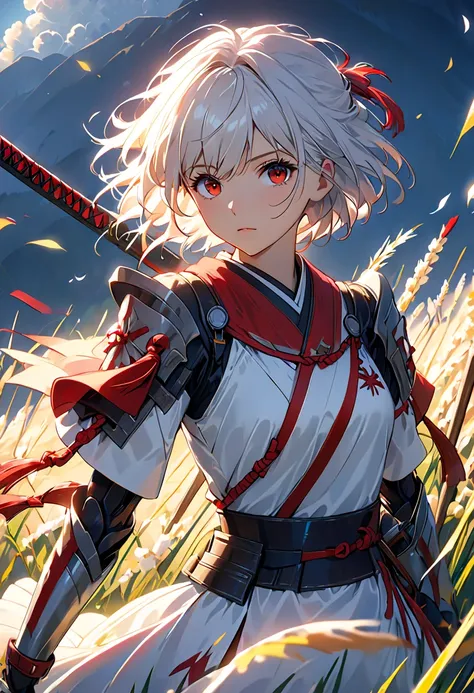  Masterpiece ,  girl, In the Field, ( Short white hair:1.2), ( red eyes :1.2), (Crossader:1.2), ( Watch Viewers :1.2) , (8k,  最 high quality 1.2),  ultra high resolution,  8K Ultra HD ,  Soft Lighting ,  high quality,  Film Grain,  beautiful lighting arran...