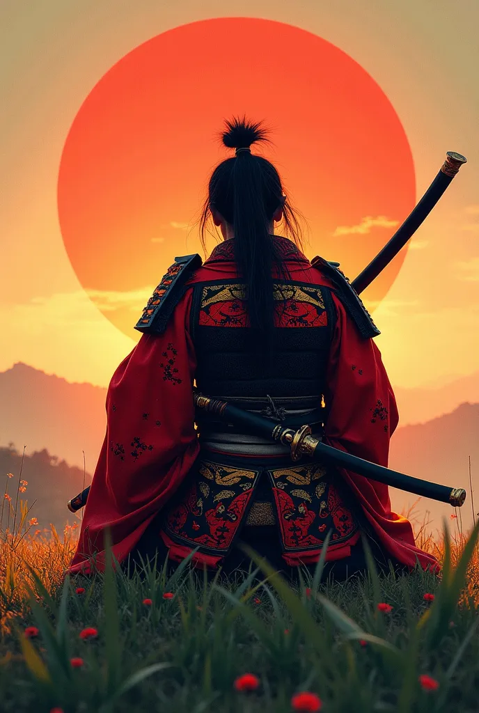 A Japanese samurai in samurai attire
The colors of his clothes are red and black with gold veins and some dragonfly designs on his clothes and sword
He is sitting on a green hill and watching the sunset
His back is to us
He has come from war and there are ...