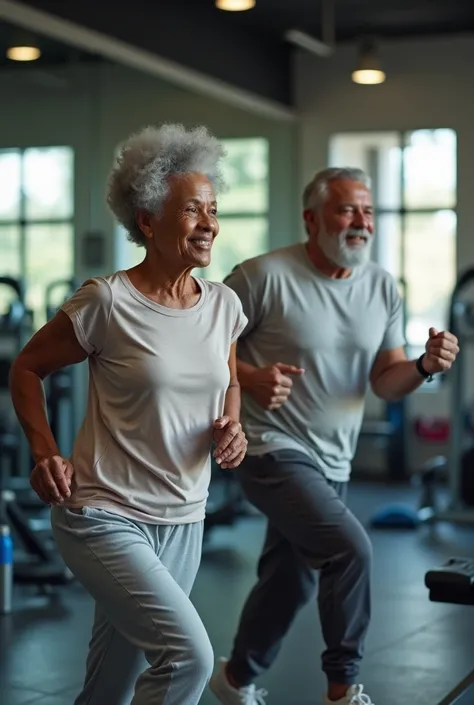 Elderly black couple in gym clothes exercising at a gym