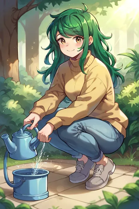 1 girl, solo, Wallflower Blush, Full body, smile, forest background, grey shoes, looking aT viewer, squat, light blue jeans, green hair, long sleeves, strip sweater, watering can, watering plants, water, sunlight