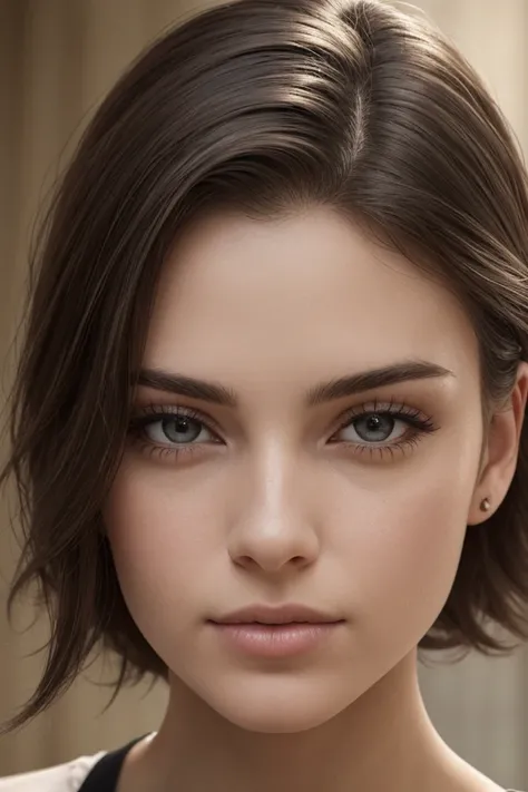 Hyper-realistic portrait of a young adult woman with unique and striking features. She has dark brown hair with natural movement and loose strands, adding to the realism. Her light brown eyes are expressive and intense, reflecting subtle light for depth. H...