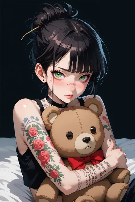 1girl, many tattoos, dark hair up with a strand of hair on her face, blush on cheeks and nose, dynamic expression, green eyes, (small and loose black crop top), small breast, (petite body), black choker, looking at viewer. Black Background, source_anime, d...