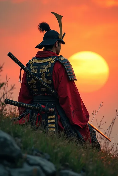 A Japanese samurai in samurai attire
The colors of his clothes are red and black with gold veins and some dragonfly designs on his clothes and sword
He is sitting on a green hill and watching the sunset
His back is to us
He has come from war and there are ...