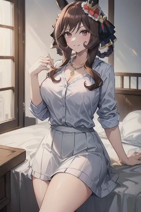 gentildonna,umamusume,1girl, animal ears, solo, purple eyes, horse tail,large breasts,,light smile,best quality,Luxury hotel room,(white blouse:1.2),(mini skirt:1.1),pearl necklace,wedding band,brown eyes, hair bun, jewelry, large breasts,brown hair,(35 ye...