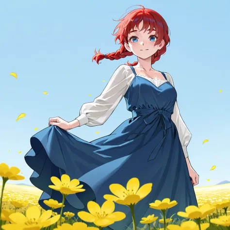 Red-haired girl with braids and freckles with a jovial and friendly attitude, innocent. Voluptuous body in a naive dress that shows just enough to show off her body. in a field of yellow flowers with petals in the air and a clear blue sky.  with mountains ...