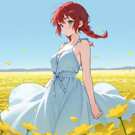 Red-haired girl with braids and freckles with a jovial and friendly attitude, innocent. Voluptuous body in a naive dress that shows just enough to show off her body. in a field of yellow flowers with petals in the air and a clear blue sky.  with mountains ...