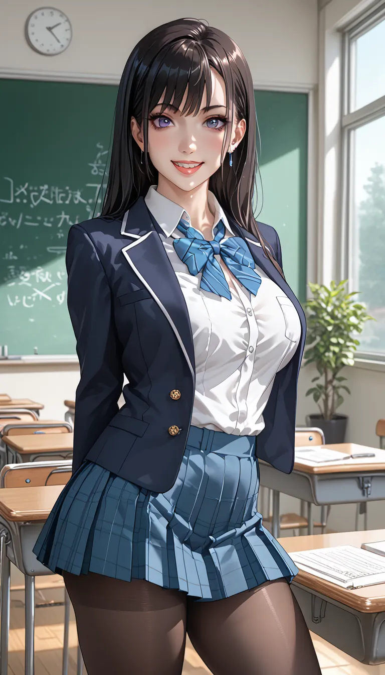  score_9,  score_8_ up the side,  score_7_ up the side, Super detailed, She wears a fitted blazer、long,  dark hair like silk, Her hands are behind her back、Emphasis on proportions,  short skirt, And tights.  She has a haunted smile , And a confident and gr...