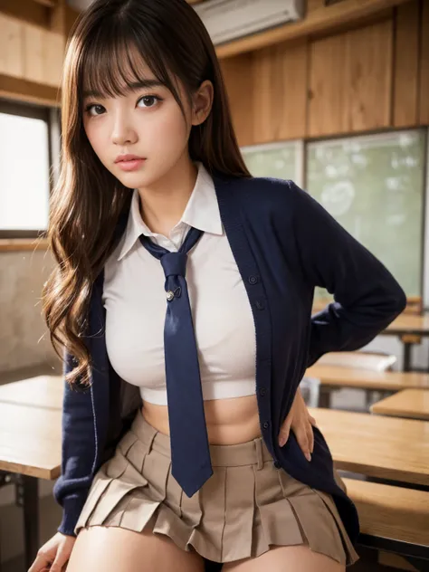  creative girl with nipples exposed from under her shirt {x} school classroom  ,(well-proportion:1.3), Sexy latino   ,( cowboy shot),( Focus on thighs),I'm wearing a Japanese uniform with a plaid ultra-short pleated miniskirt ,   Cardigan,  blouse,  tie,  ...