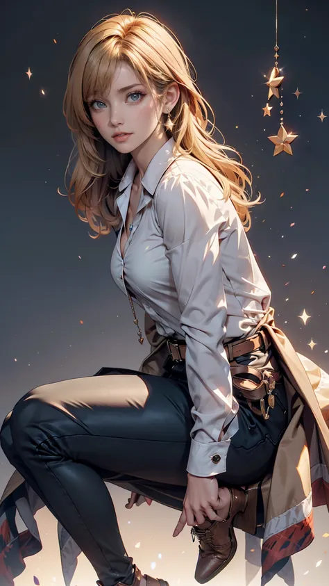 Ah Style,   Attack on Titan ,, , christa renz,,  1 girl, belt, belt buckle,   blonde hair,  blue eyes,  brown footwear, brown   pants, buckle, chest belt, collared  shirt,  diamonds on the background (shape),  floating hair,  from side,  full body,  grey b...