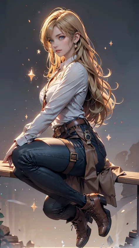 Ah Style,   Attack on Titan ,, , christa renz,,  1 girl, belt, belt buckle,   blonde hair,  blue eyes,  brown footwear, brown   pants, buckle, chest belt, collared  shirt,  diamonds on the background (shape),  floating hair,  from side,  full body,  grey b...