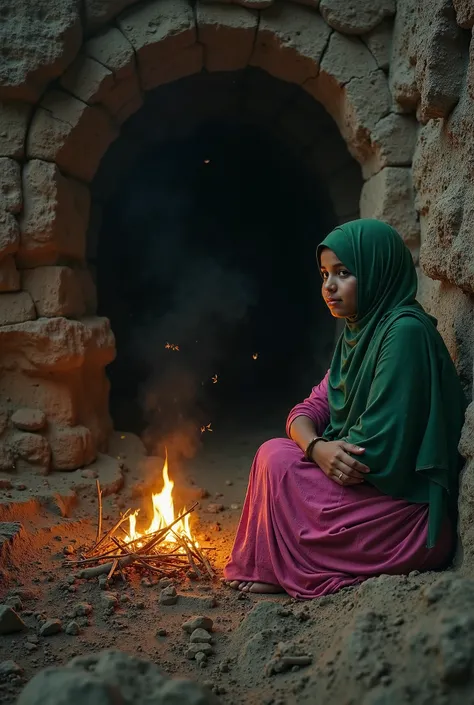 There is a very scary cave.  Bats fly inside.  There are scary pictures on the wall of the cave.  A 16 -year -old Muslim girl (wearing a green hijab and pink dress) slept with a 20 -year -old Hindu young man in the lap.  In front of it is burned with dry w...