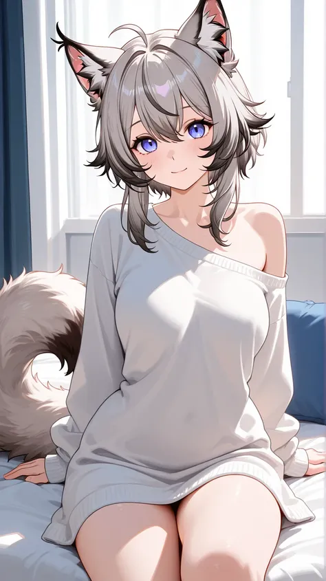 Waifu lynx, HD model, with ,with a fluffy tail , long grey hair, with home cloths