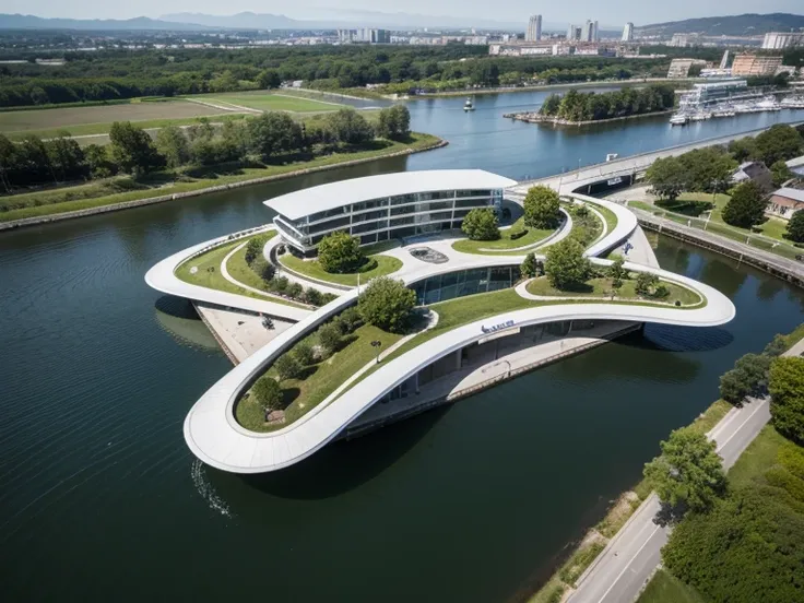 Future Architecture ， Aerial view ， with organic shapes and natural inspiration at its core ，Imitate a flower、Form of butterfly， creates a fluid and elegant structure ，Like a big boat floating on the sea，Aerial Corridor Connects Different Building Units， s...