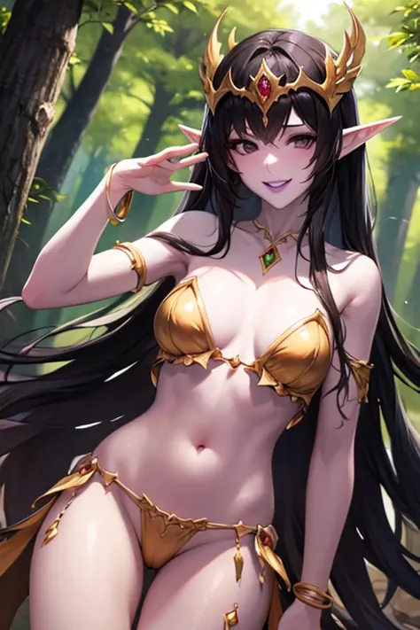 masterpiece, Best Quality,1 Girl, Solo, forest, trees, long flowing Black Hair, bang covering one eye, Black Eyes, Long Hair, Pale Skin, Pointy Ears, Belly Button, Neckline, Bracelet, gold and purple Bikini Armor, Pelvic curtain, purple Loincloth ,small Br...