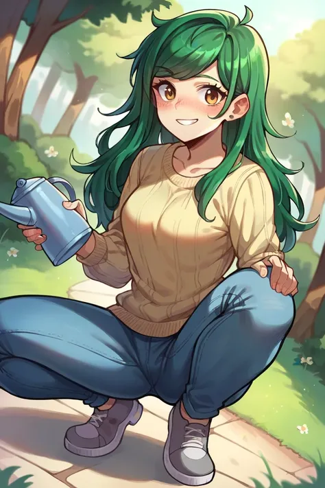 1 girl, solo, Wallflower Blush, smile, forest background, grey shoes, squat, light blue jeans, bicolor sweater, green hair, long hair, long sleeves, strip sweater, watering can, dutch angle, 