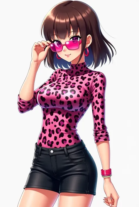 Anime girl with not very long brown hair. Pink sunglasses and pink hoop earrings. Leopard print fitted shirt with the chest is put on. Short fitted black skirts. leopard heels