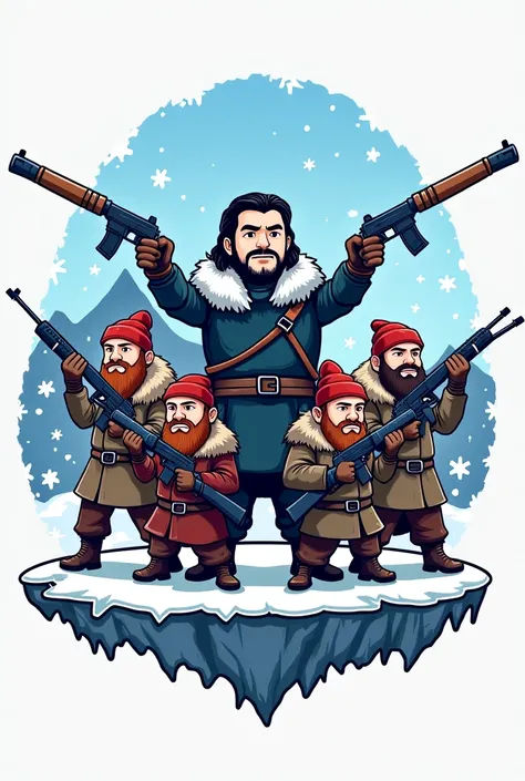 Create a cartoon logo with John Snow and his 4 dwarves armed with Glock and Ak47, Enter the name of the Snowwhite team and its 4 dwarves