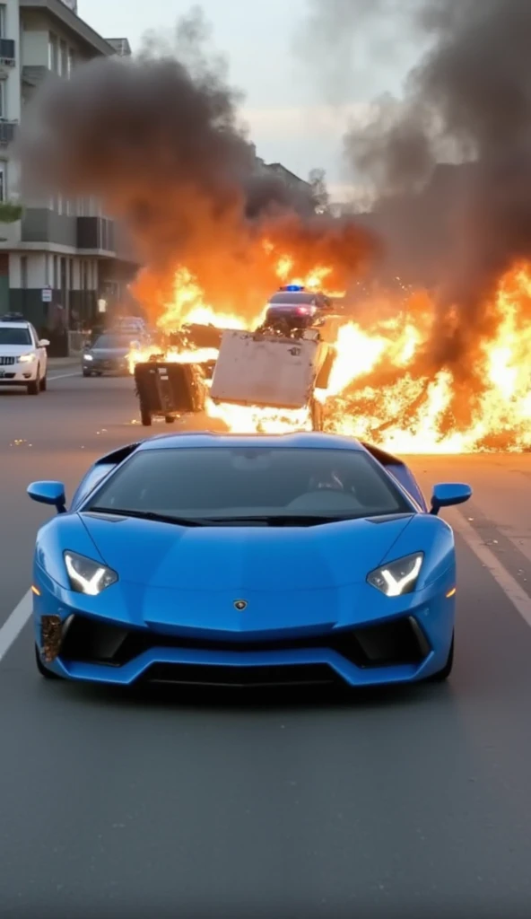 The blue lamborgini car takes sharp turns, and in a critical moment, the police cars attempt to follow. They crash into each other in a terrifying collision, debris flying and flames quickly igniting in the wrecked vehicles. Meanwhile, the Lamborghini cont...