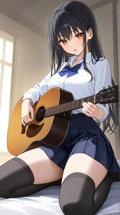 Alone,( Masterpiece,  top quality:1.2)、morning、Music preparation room 、Singing with Acoustic Guitar、 high school girl、Dress shirt on top、 underneath is a navy blue pleated skirt、 black knee-high socks、Pay attention to the thighs、 cool beauty、Neat black hai...