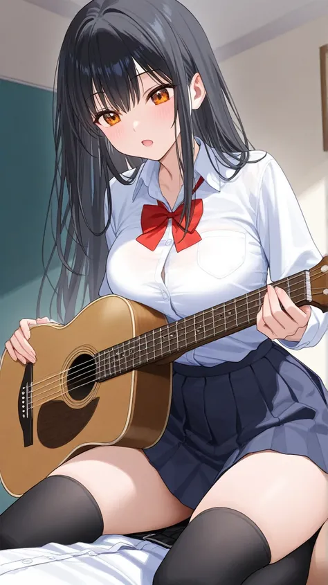 Alone,( Masterpiece,  top quality:1.2)、morning、Music preparation room 、Singing with Acoustic Guitar、 high school girl、Dress shirt on top、 underneath is a navy blue pleated skirt、 black knee-high socks、Pay attention to the thighs、 cool beauty、Neat black hai...