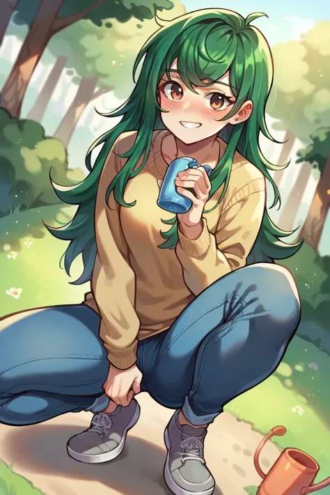 1 girl, solo, Wallflower Blush, smile, forest background, grey shoes, squat, light blue jeans, bicolor sweater, green hair, long hair, long sleeves, strip sweater, watering can, dutch angle, closed legs