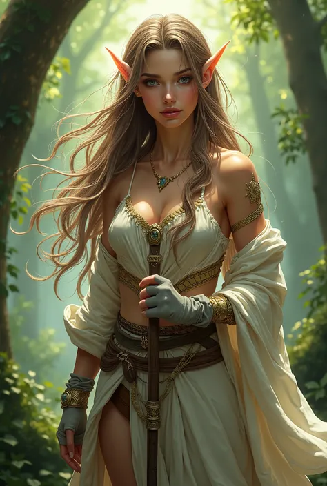 Woman
Druid
Semi-elf
Brown hair with white locks
He carries a spear/ staff and mittens on her hands
She has full lips and tanned skin Anime style
