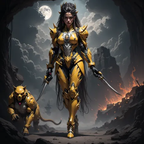 - Main Character, Adult Female "Nicaragua", Beautiful, Tall, Long legs, long hair in dreadlocks, Hands full of visible colored tattoos.

- Wearing a costume ("Full Sexy Armor").
Chest and Thigh Armor are half open.
Futuristic Costume Design with "Ancient B...