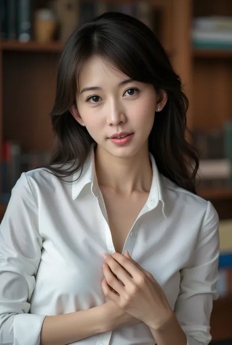   show me my chest 、  surreal、  I can see her nipples、 no .、  white blouse:1.6、  unbutton clothes with hands, (  At the library  、The Girl in the Library), (  Hi-Res), (8k), (  very well detailed), (  beautifully detailed eyes), (  top quality ), (  very w...