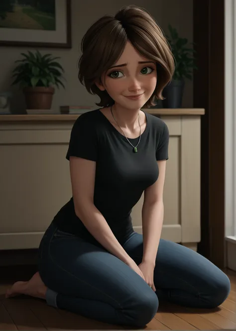 cass,1 , alone, breasts, smile, short hair, brown hair, shirt, jewelry, green eyes, full body, jeans, short sleeves , inside the house, collar, blurry, black shirt, shy smile, score_9, score_8_above, score_7_above, score_6_above,