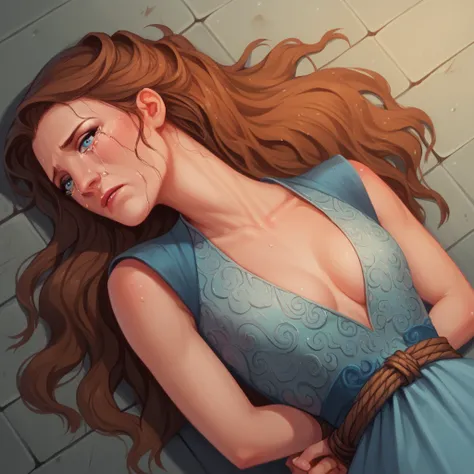 score_8_ upwards, BREAK, Margaery ,  1girl, One,  brown hair ,  long hair,  blue eyes,  dress, sleeveless,   cleavage ,  depth of field,  portrait,  semi-anime ,with her lips between her lips ,  cries,  pressed to the floor,  view from above, fright, tears...